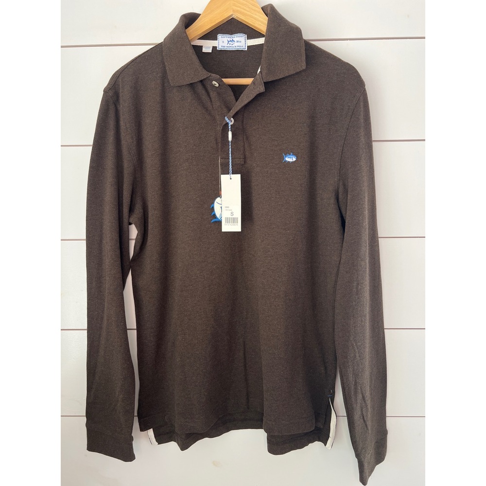 NWT Southern Tide Mens Skipjack Long Sleeve Polo Shirt Brown Small preppy